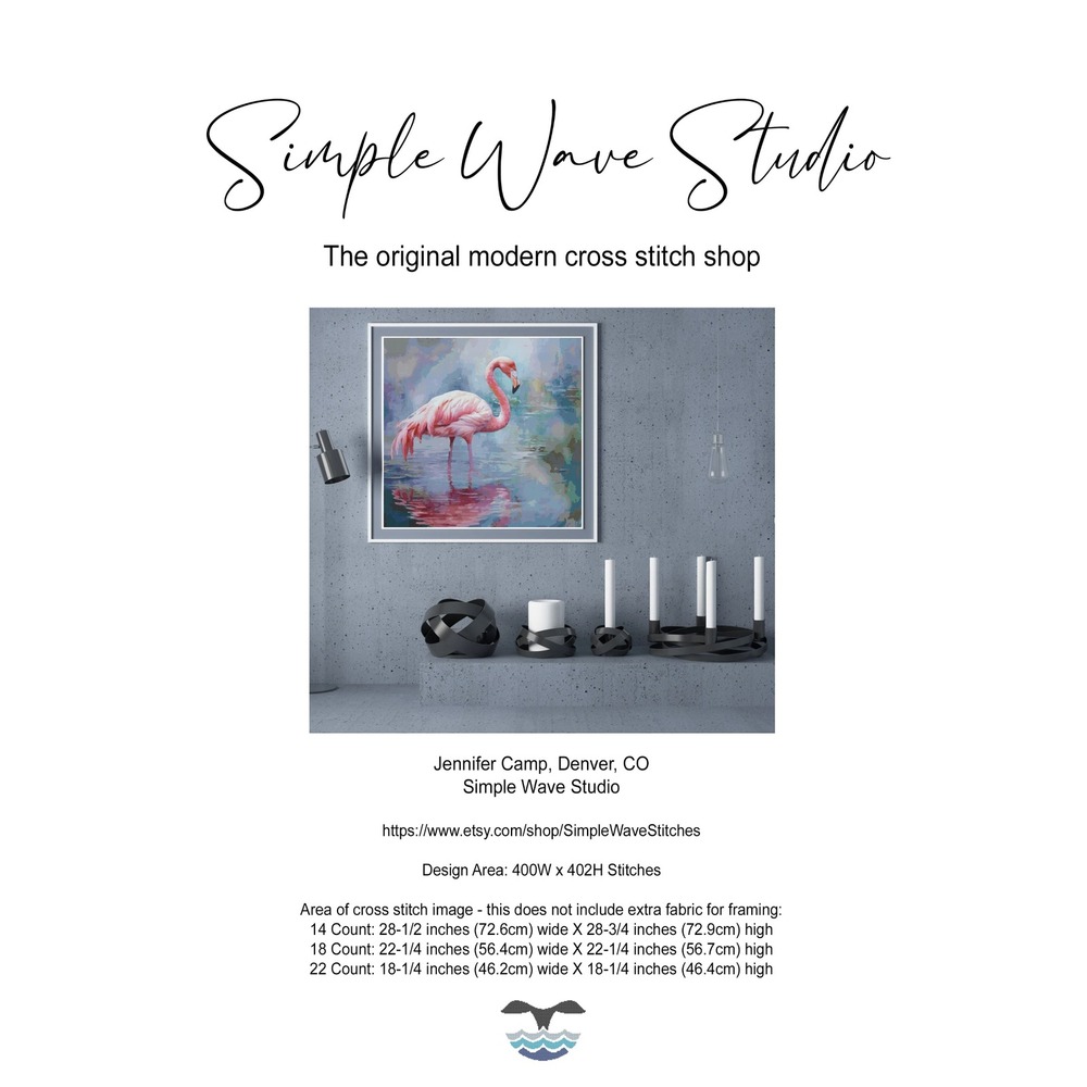 Pink Flamingo on a Foggy Pond Full Cover Counted Cross Stitch Pattern Chart‎